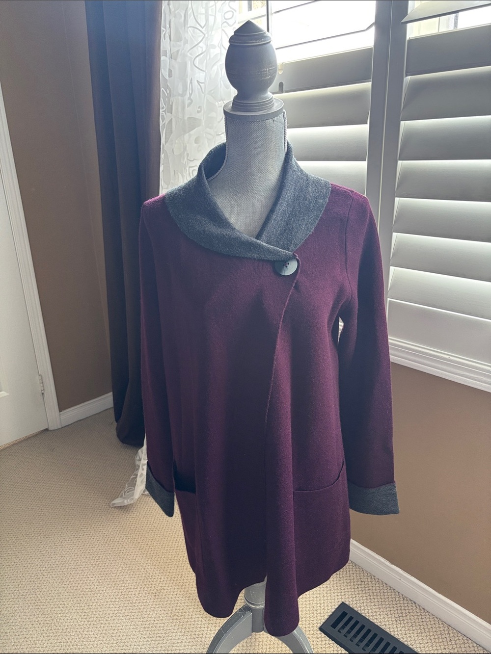 Jones New York Burgundy Sweater Coat with Gray Shawl Collar